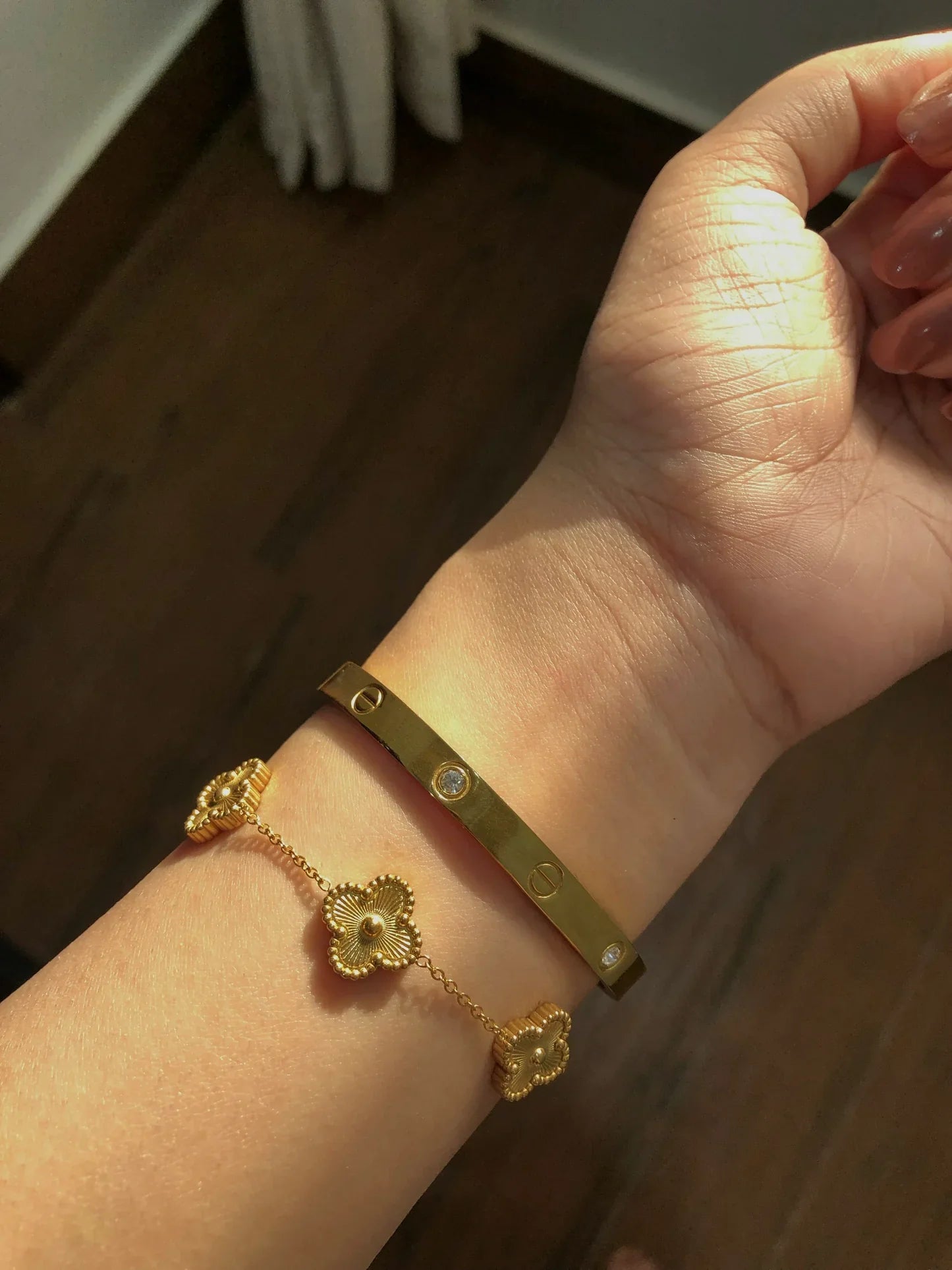 Love Bangle with Golden Clover Bracelet Stack Set