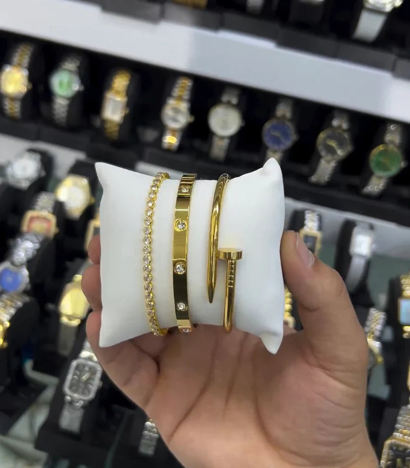 Nail And Love Bangle With Tennis Bracelet Stack Set