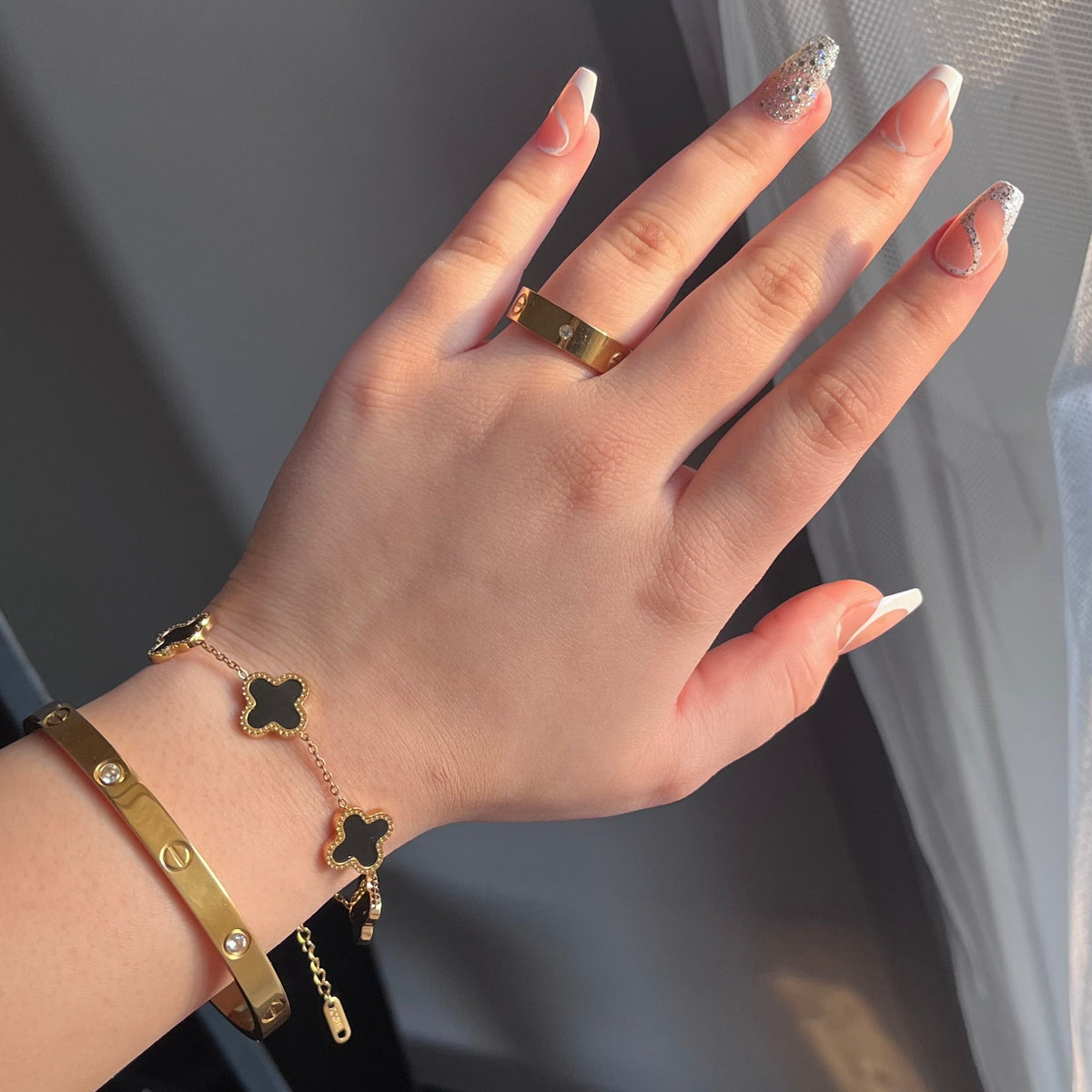 Cartier Bangle & Ring + Clover Bracelet Stack Set