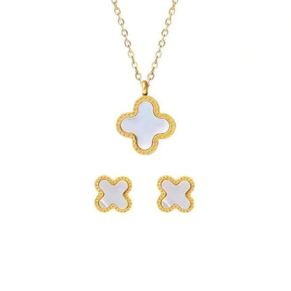 Four Leaf Clover 2 Sided Pendant With Ear Studs (White) 2Pcs Set
