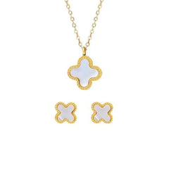 Four Leaf Clover 2 Sided Pendant With Ear Studs (White) 2Pcs Set
